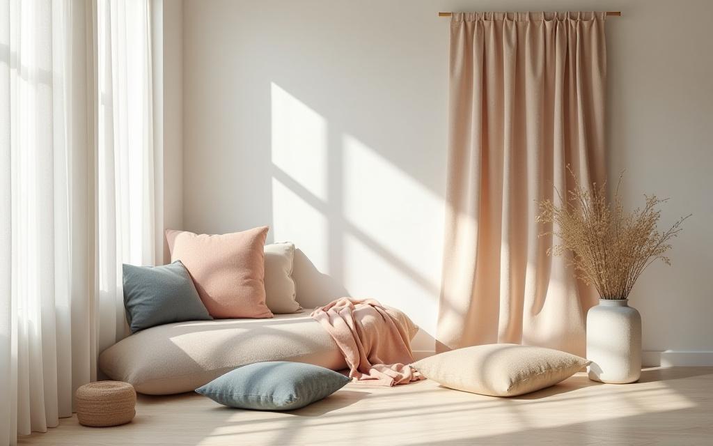 クッションやスロー、壁掛けのテキスタイルアクセントで美しくスタイリングされた部屋