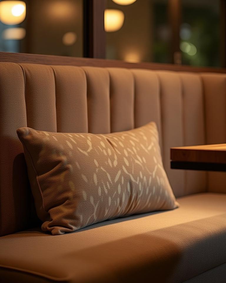 スタイリッシュなカフェの座席に使用された特注の室内装飾用生地