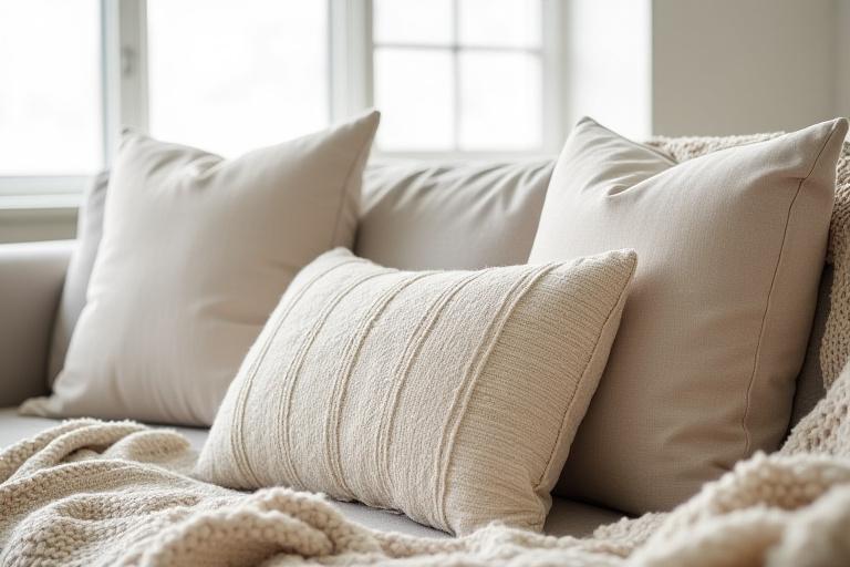 ミニマリストなリビングルームに置かれた、織物クッションとスローのクローズアップ